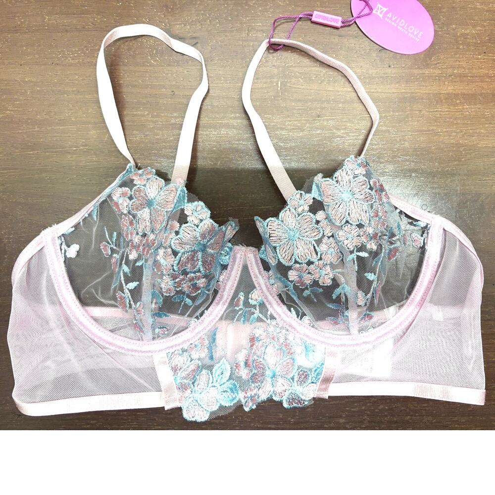 AvidLove NWT Size Medium Pink Blue Sheer Lace Floral Underwire Lingerie Bra